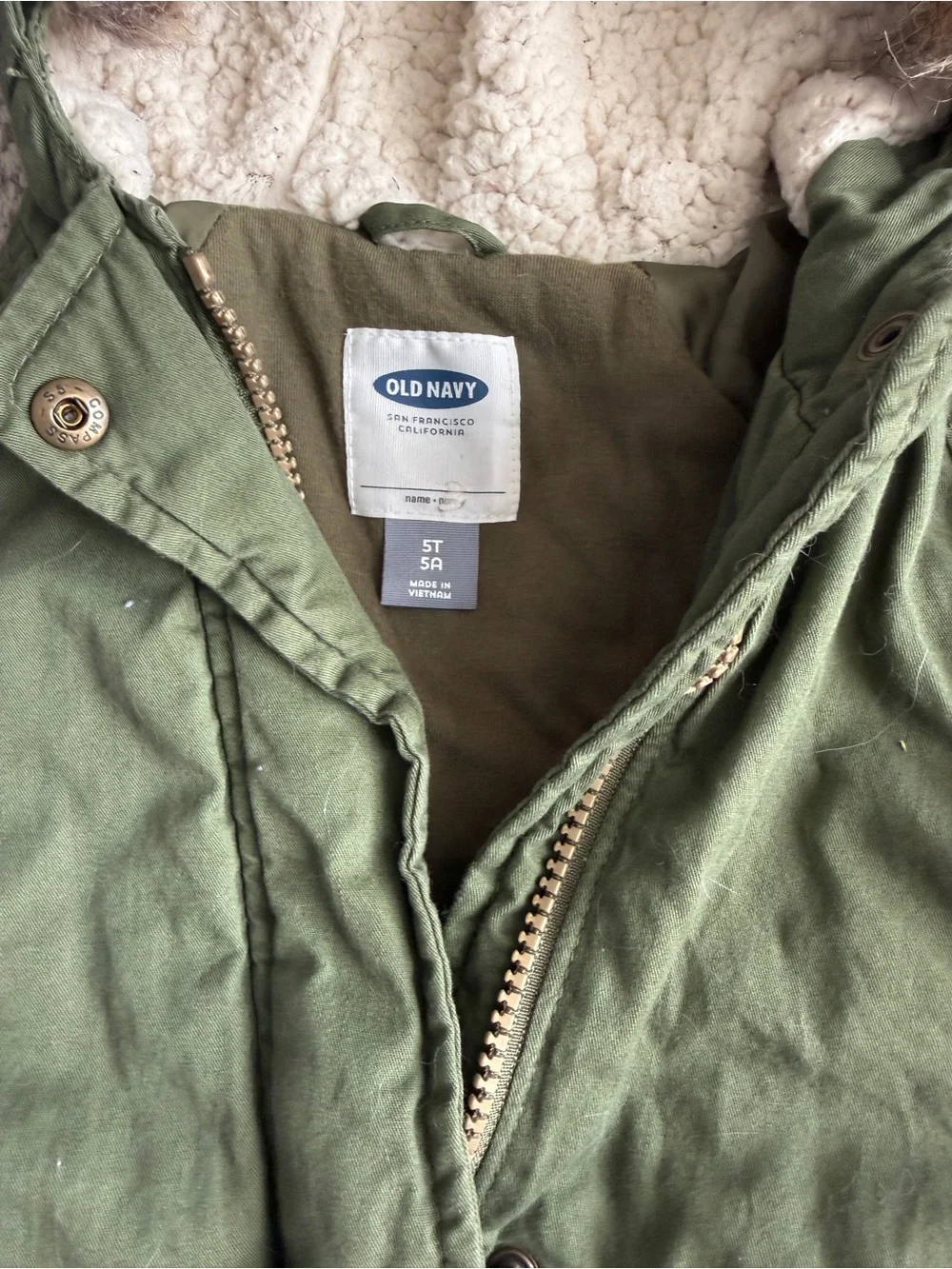 Old Navy Olive Green Hooded Puffer Jacket with Faux Fur Trim